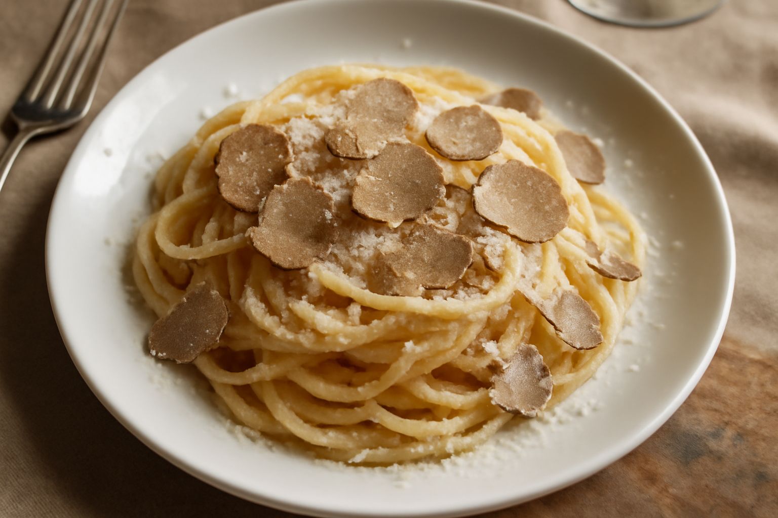 Piatto bianco con spaghetti al burro, polvere di parmigiano dorato, scaglie bianche e grigie di tartufo disposto sopra, olio lucido visibile, bordo del piatto pulito