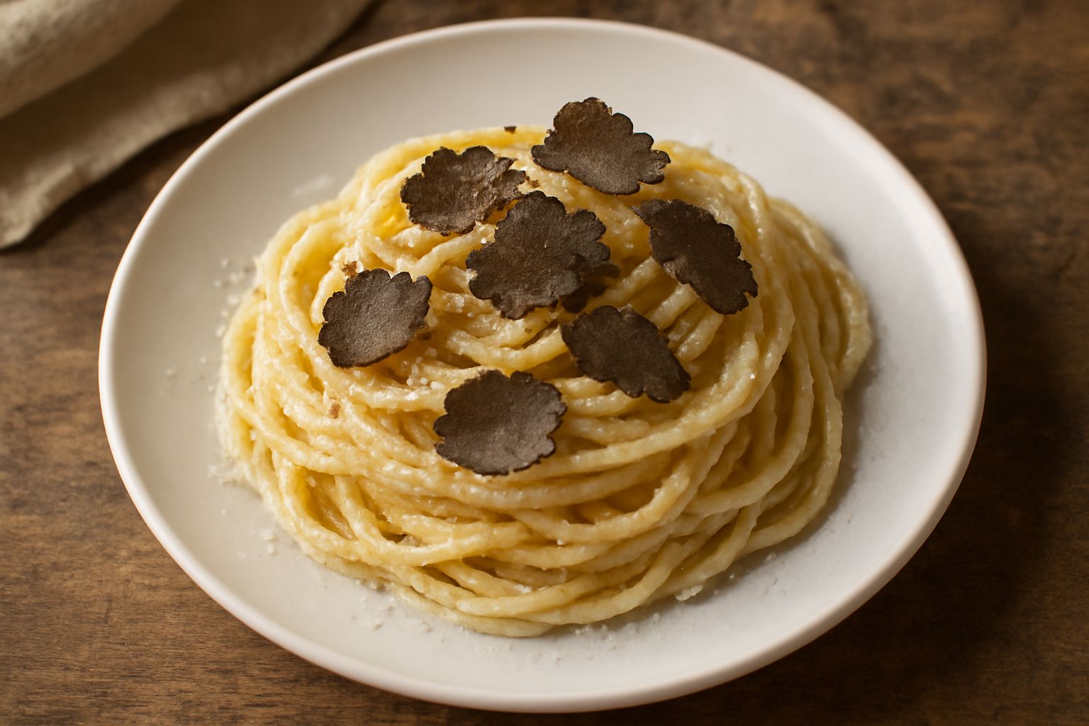 Piatto di spaghetti al tartufo nero conditi con burro e parmigiano grattugiato, guarniti con scaglie sottili di tartufo nero, su fondo bianco