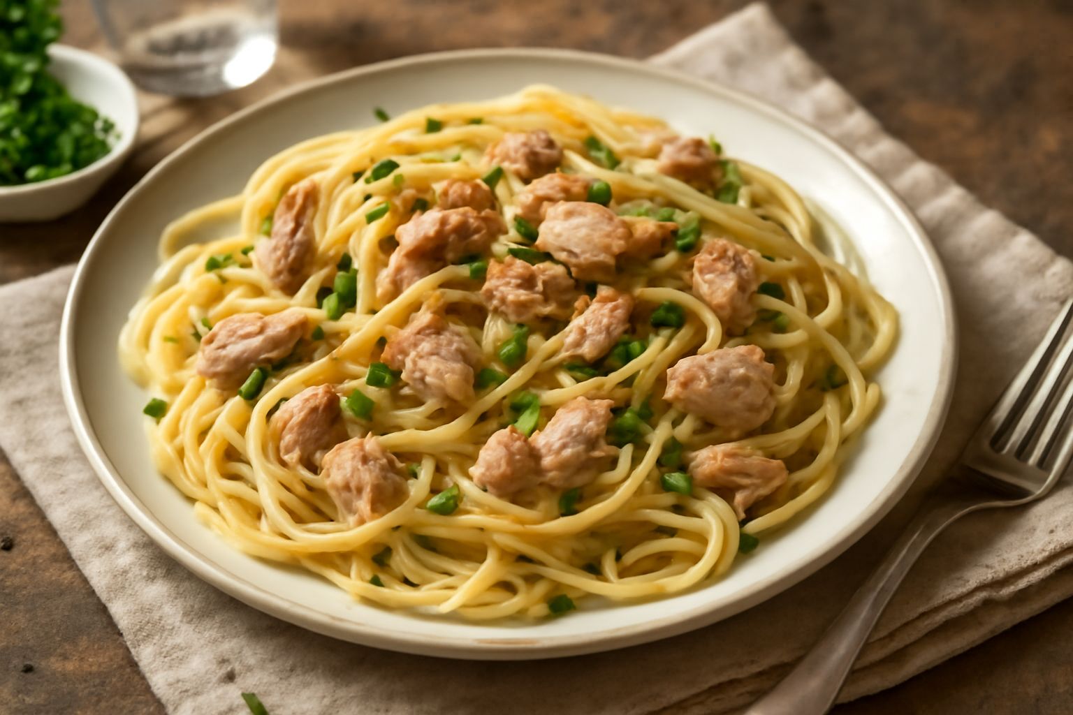 Piatto di spaghetti al tonno serviti in ciotola bianca con filetti di tonno grigio-rosato visibili tra la pasta, gocce di olio evo lucido, prezzemolo fresco verde sparso in superficie e spicchi di lim