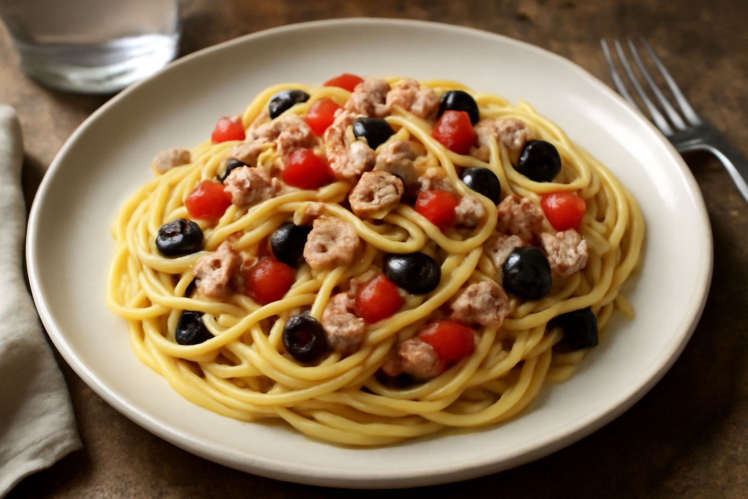 Spaghetti al tonno freddi in piatto bianco: pasta gialla con scaglie di tonno grigio chiaro, cubetti di pomodoro rosso, olive nere, prezzemolo verde fresco sparso sopra, filo di olio dorato in superfi