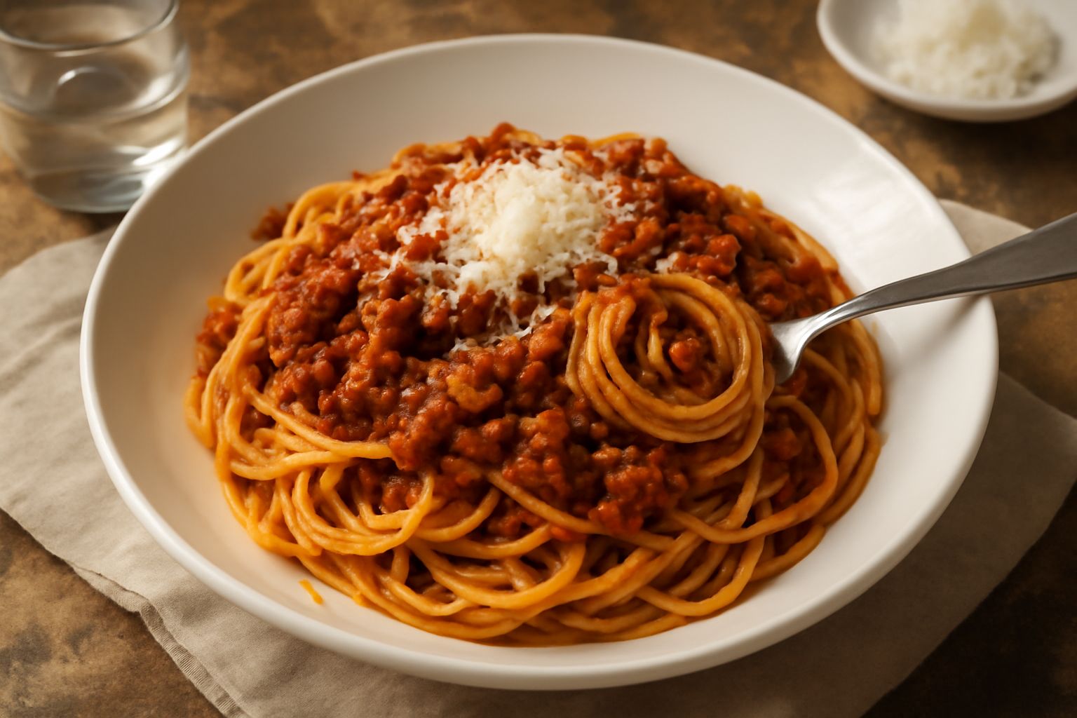 Piatto bianco con spaghetti gialli ricoperti di ragù rosso scuro con particelle di carne visibile, grattugia di parmigiano bianca in superficie, forchetta sul bordo