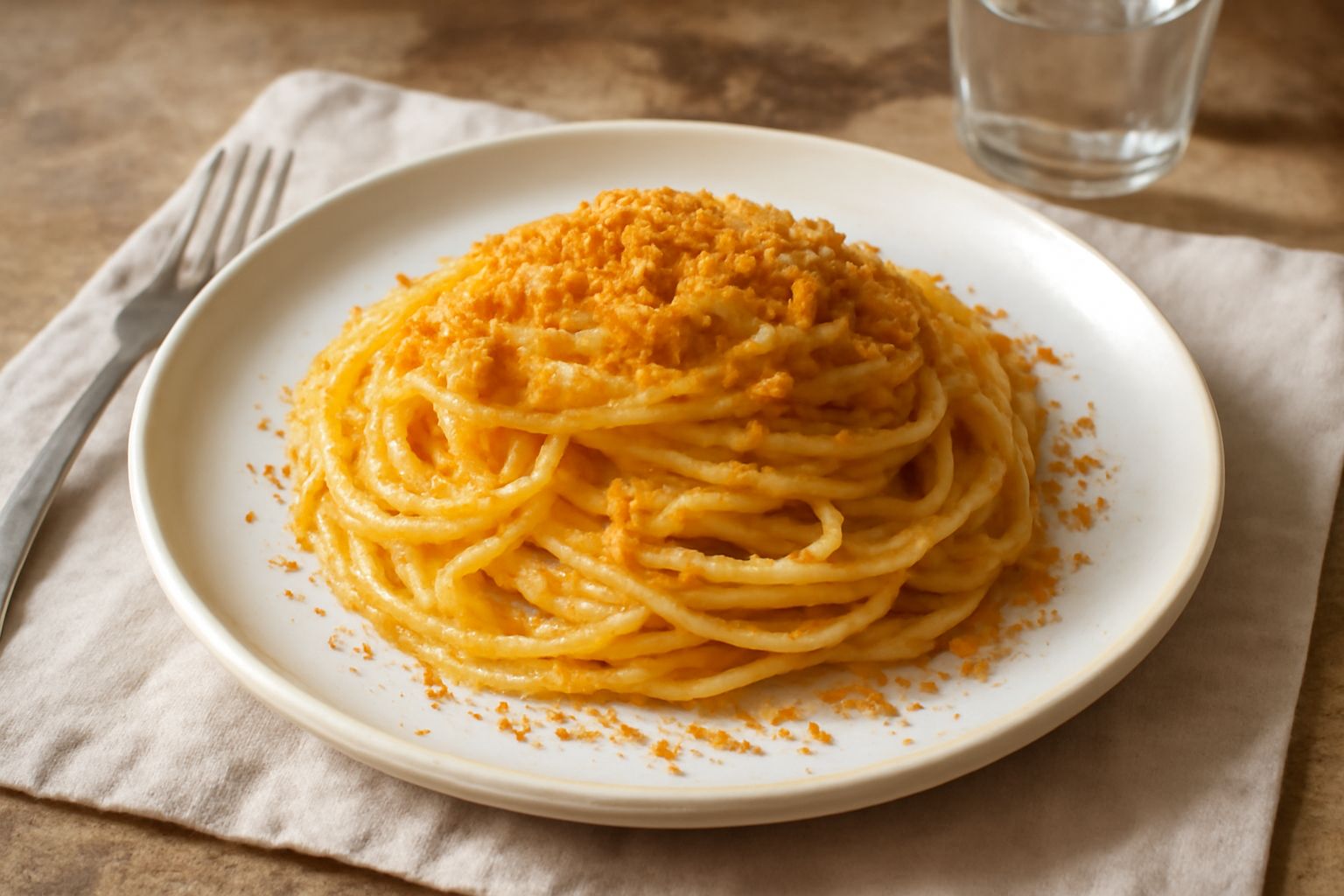 Piatto di spaghetti gialli cremati dalla bottarga grattugiata, conditi con olio di oliva, prezzemolo fresco verde e bottarga arancione visibile in polvere, serviti in un piatto bianco