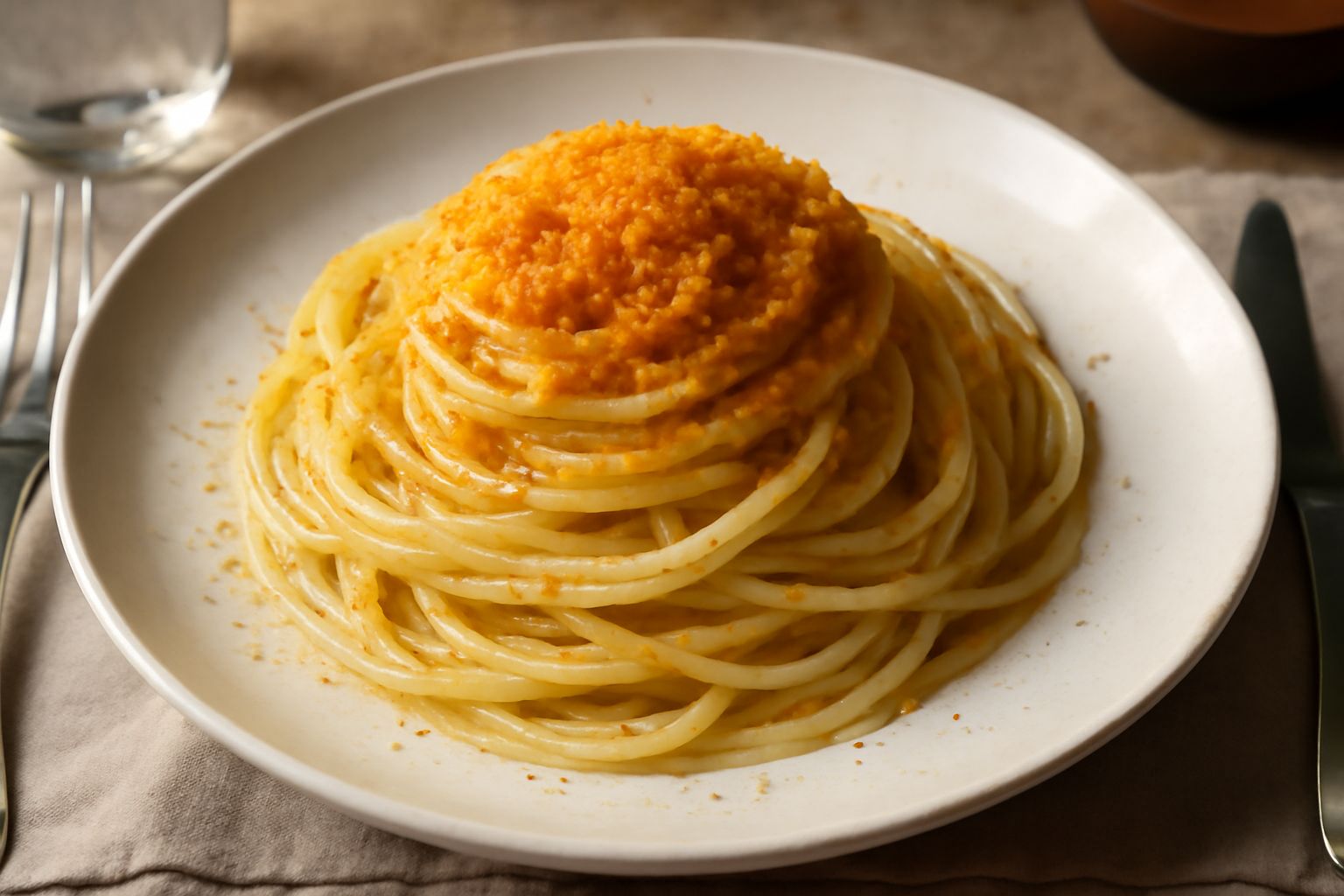 Piatto bianco con spaghetti lunghi e sottili color avorio, ricoperti di bottarga grattugiata di colore arancio-dorato, gocce di olio extravergine lucido, un filo di pepe nero e una foglia di prezzemol