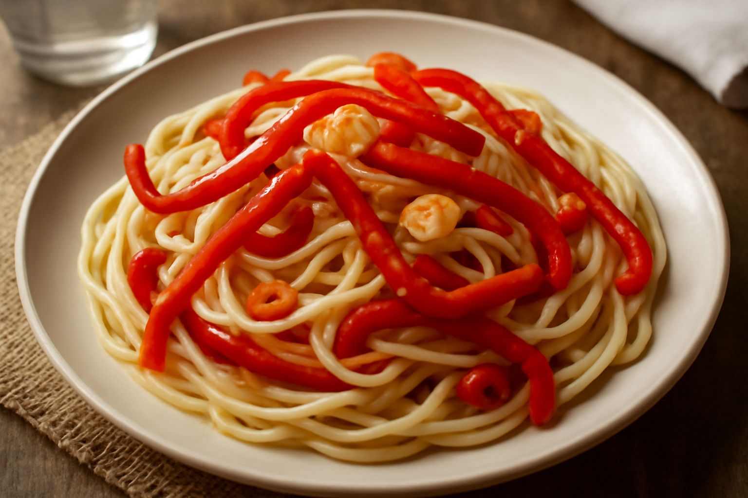 Spaghetti bianchi avvolti intorno a una forchetta, conditi con strisce di peperoni rossi brillanti e aglio dorato, coperti di olio lucido, peperoncino rosso visibile, serviti in un piatto bianco fondo