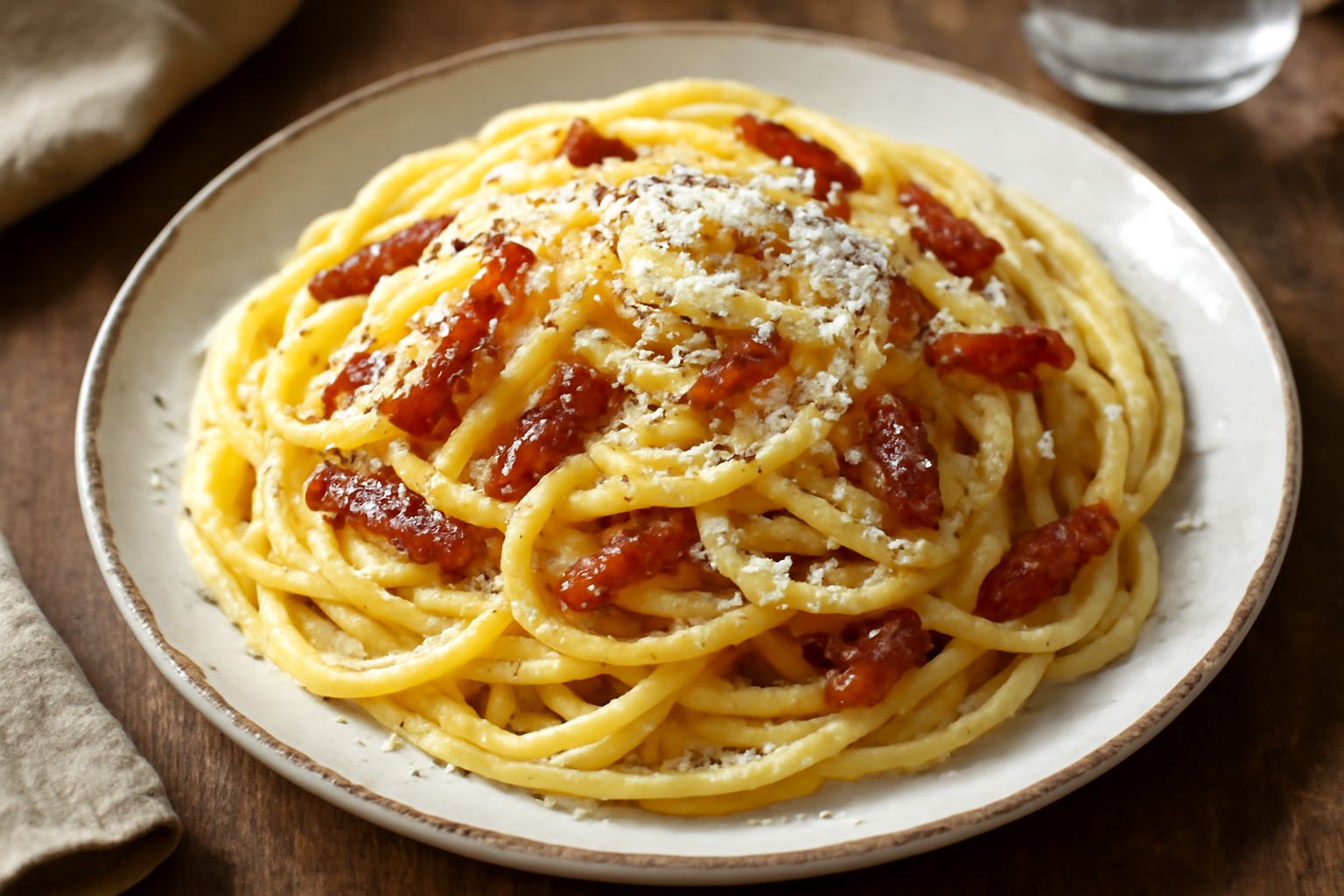 Piatto di spaghetti alla carbonara appena impiattati, cremosi e dorati, con striscioline dorate di guanciale croccante, granelli di pecorino bianco e grani di pepe nero visibili sulla superficie, serv