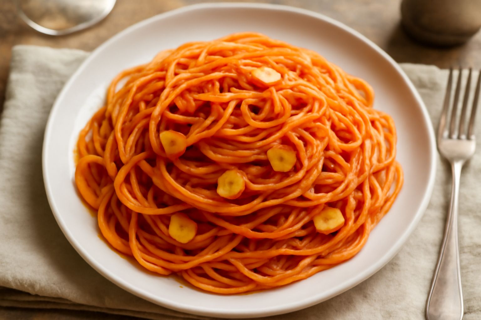 Piatto di ceramica bianca con spaghetti conditi di rosso acceso, aglio sfettato visibile, una spolverata di prezzemolo verde fresco, filo d'olio lucido in superficie, peperoncino rosso sbriciolato, se