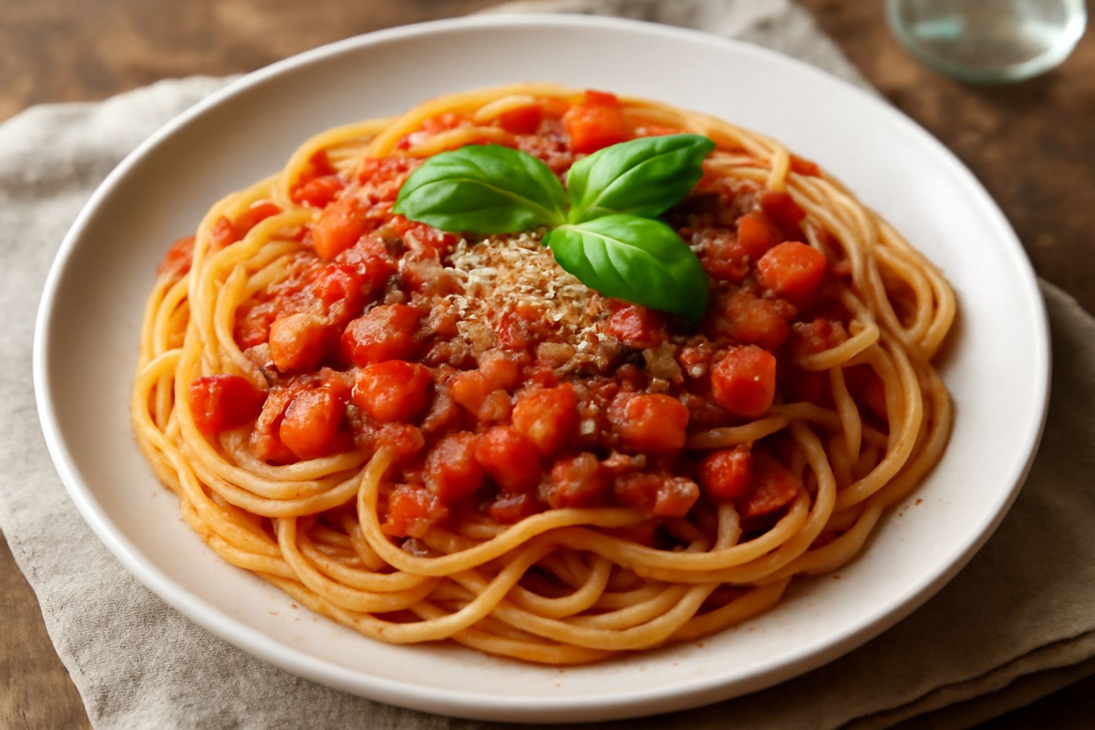 Piatto di spaghetti con condimento rosso e verdure, guarnito con basilico fresco e grana, servito in piatto bianco fondo su tavolo di legno