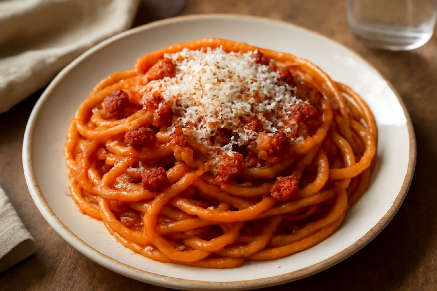 Piatto di spaghetti alla ciociara con guanciale croccante di colore dorato sparso in superficie, salsa rossa di pomodoro che riveste la pasta, grattugia di pecorino romano bianco e grani di pepe nero 