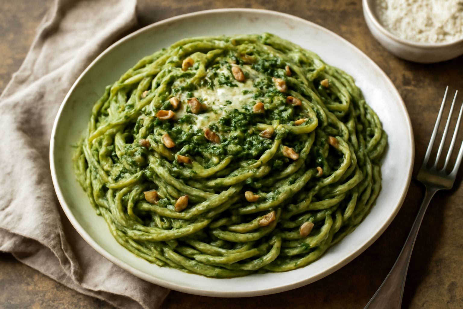Piatto di spaghetti ricoperti di pesto verde intenso, con pinoli visibili, scaglie di parmigiano e foglie di basilico fresco, in un piatto bianco profondo