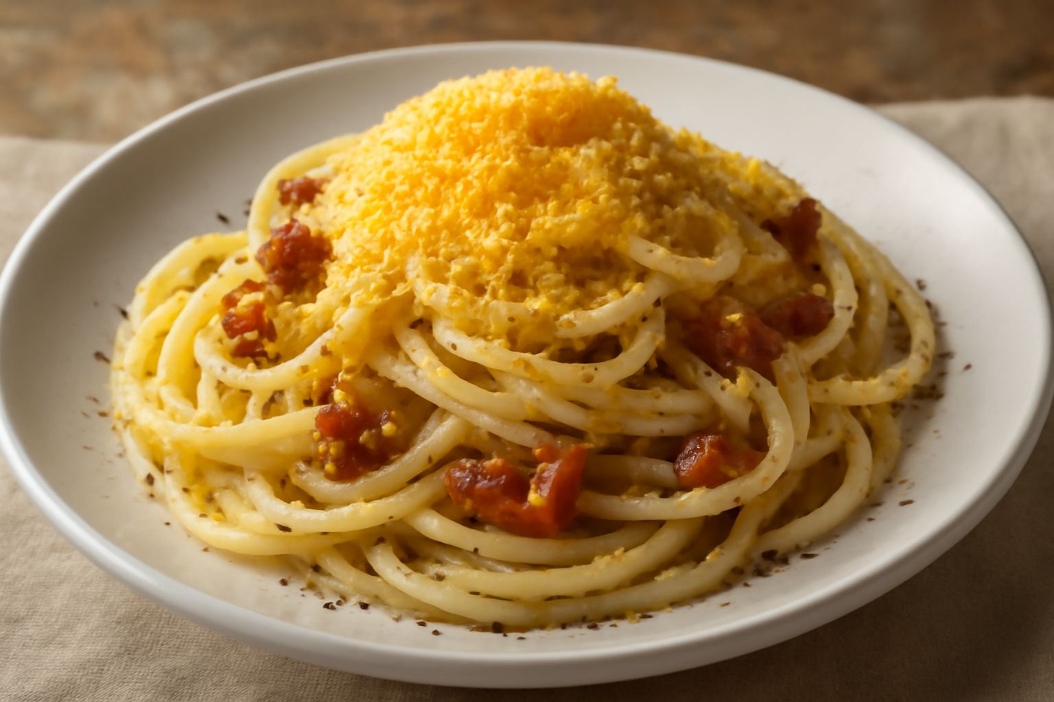 Un piatto di ceramica bianca con spaghetti lunghi ricoperti di pecorino romano giallognolo e striature di pepe nero, frammenti di guanciale croccante distribuiti in superficie, vapore leggero