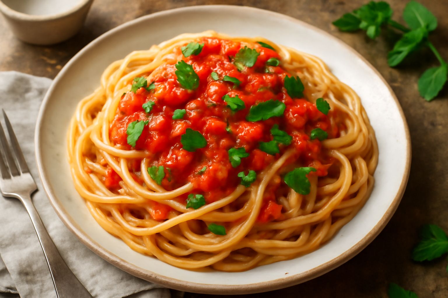 Spaghetti bianchi conditi con salsa di pomodori rossi e brillanti, cosparsi di foglie di menta verde smeraldo, olio d'oliva lucido, serviti in piatto bianco con due spicchi di aglio visibili e basilic