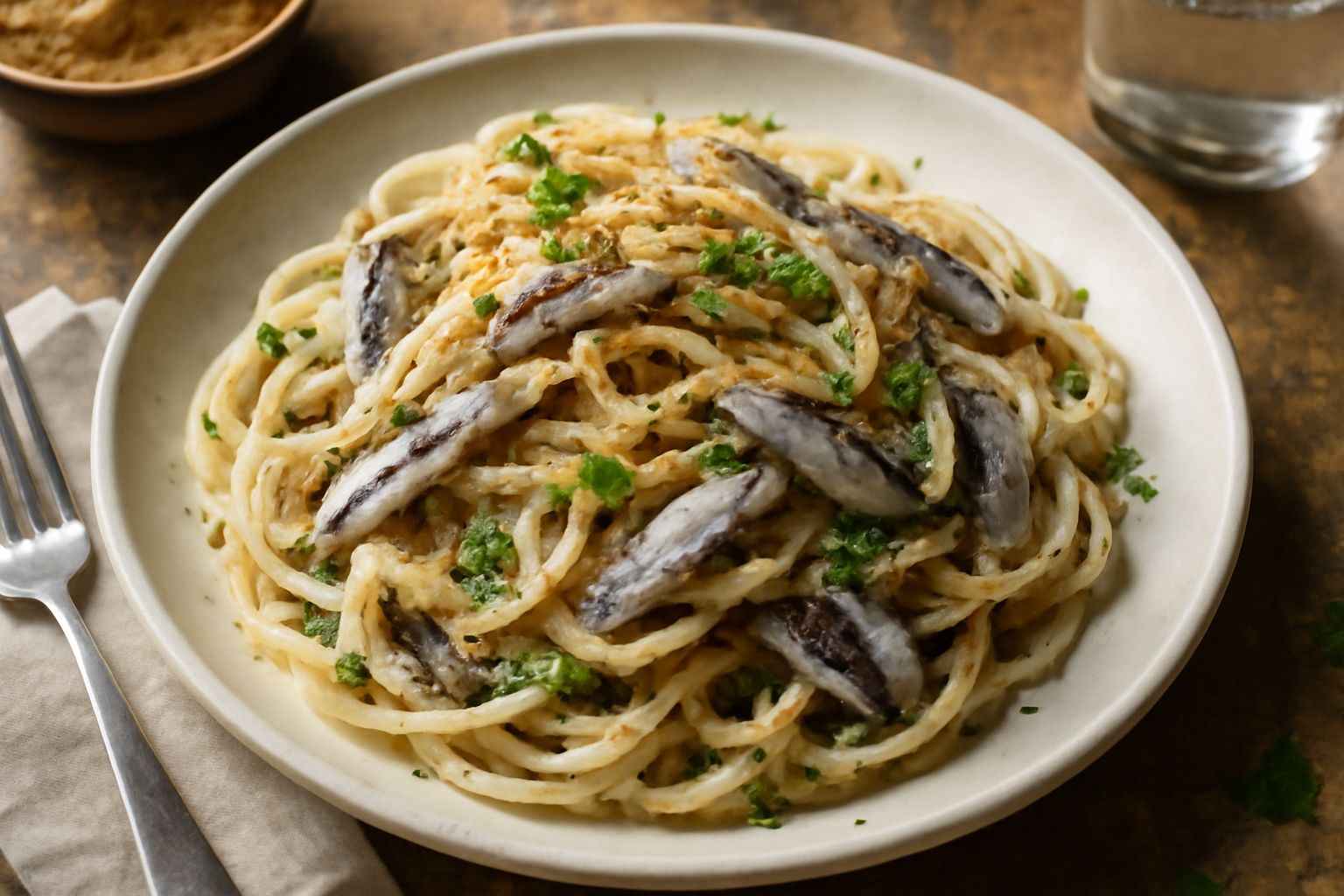 Piatto bianco con spaghetti al dente conditi con alici grigio-argento, pangrattato dorato croccante e prezzemolo verde brillante, terminati con filo di olio extravergine
