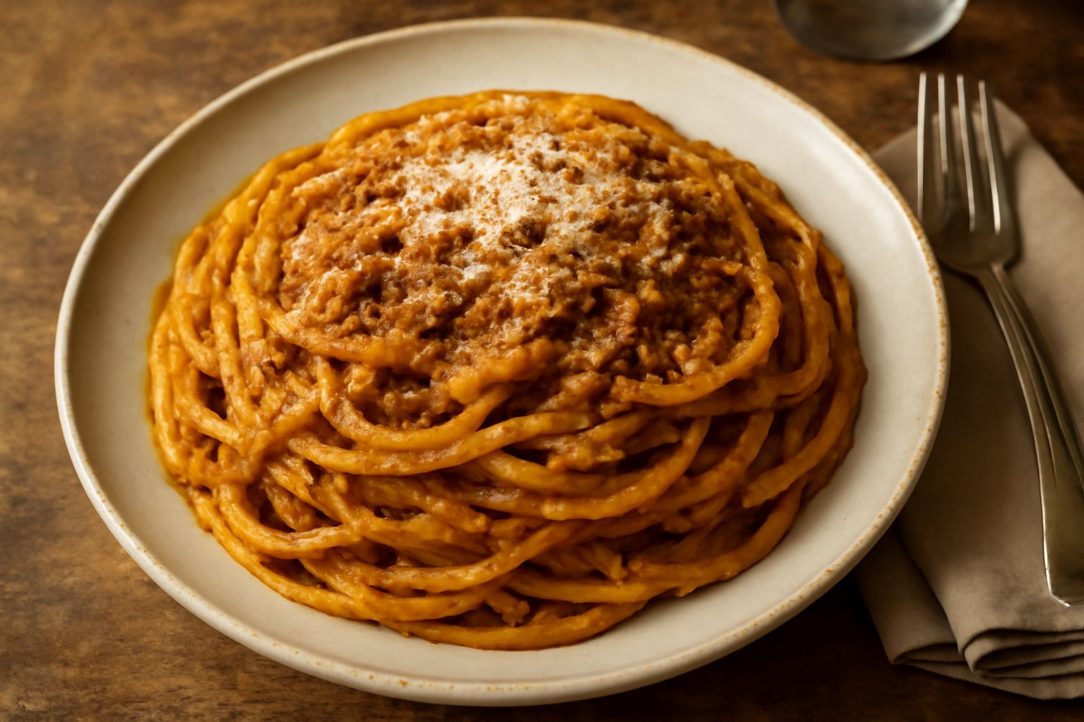 Spaghetti cremosi color nocciola con pezzetti di carne marrone scuro, conditi in un piatto bianco ampio, guarniti con una spolverata di parmigiano grattugiato bianco e alcune foglie di prezzemolo verd