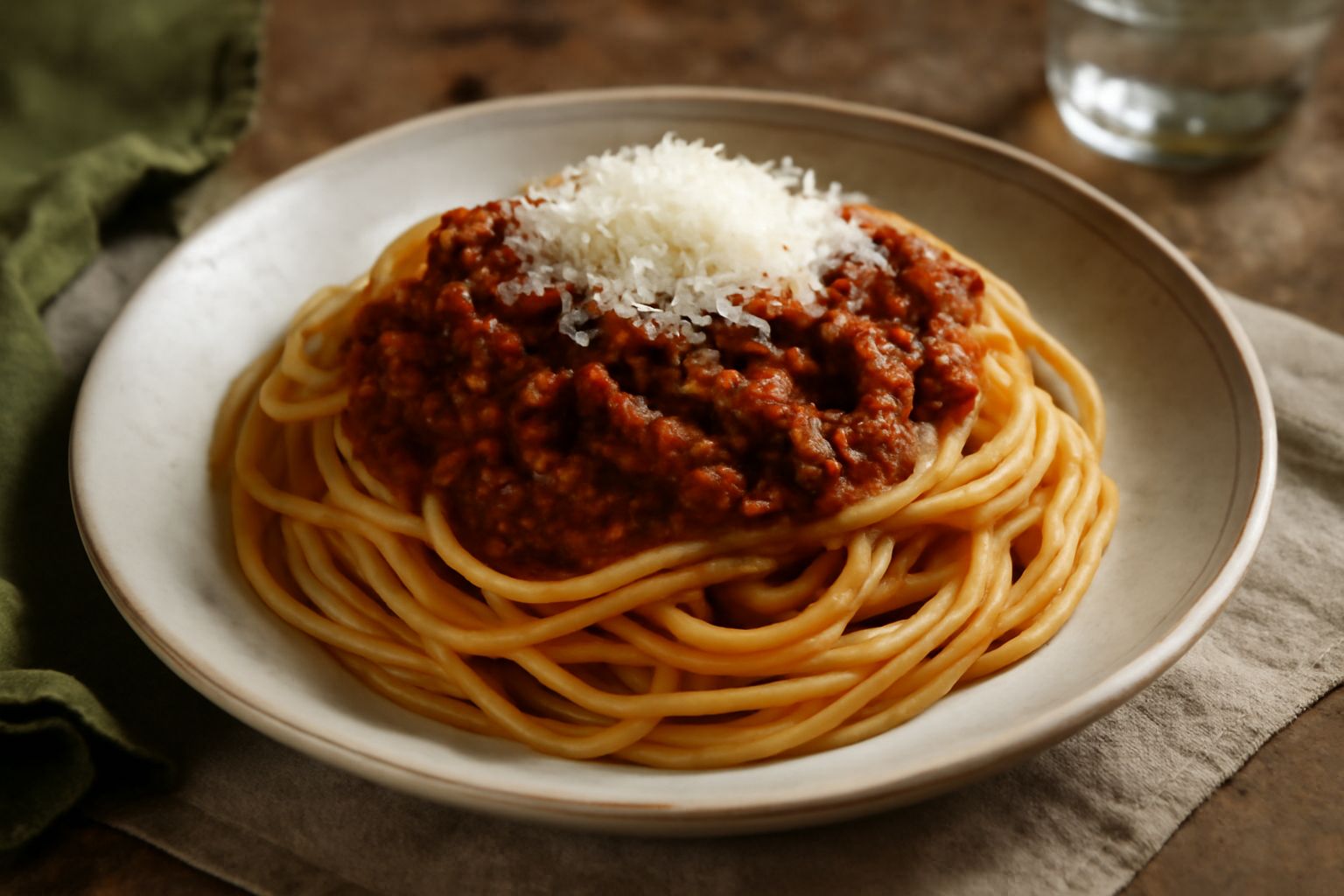 Un piatto di porcellana bianca con spaghetti ricoperti di ragù marrone scuro, grattugia di formaggio bianco in cima, con una forchetta di legno appoggiata al bordo