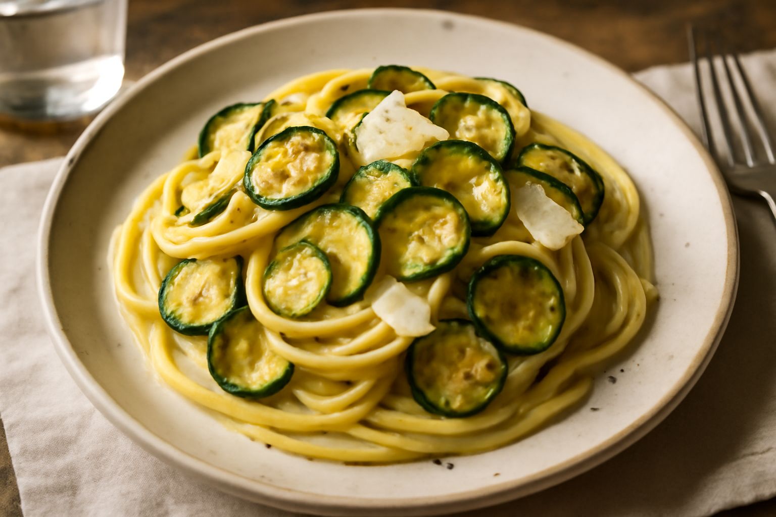 Un piatto di porcellana bianca con spaghetti cremosi color giallo-bianco, decorati con fettine sottili di zucchina verde brillante e scaglie di pepe nero, guarniti con provolone semisommerso nella pas