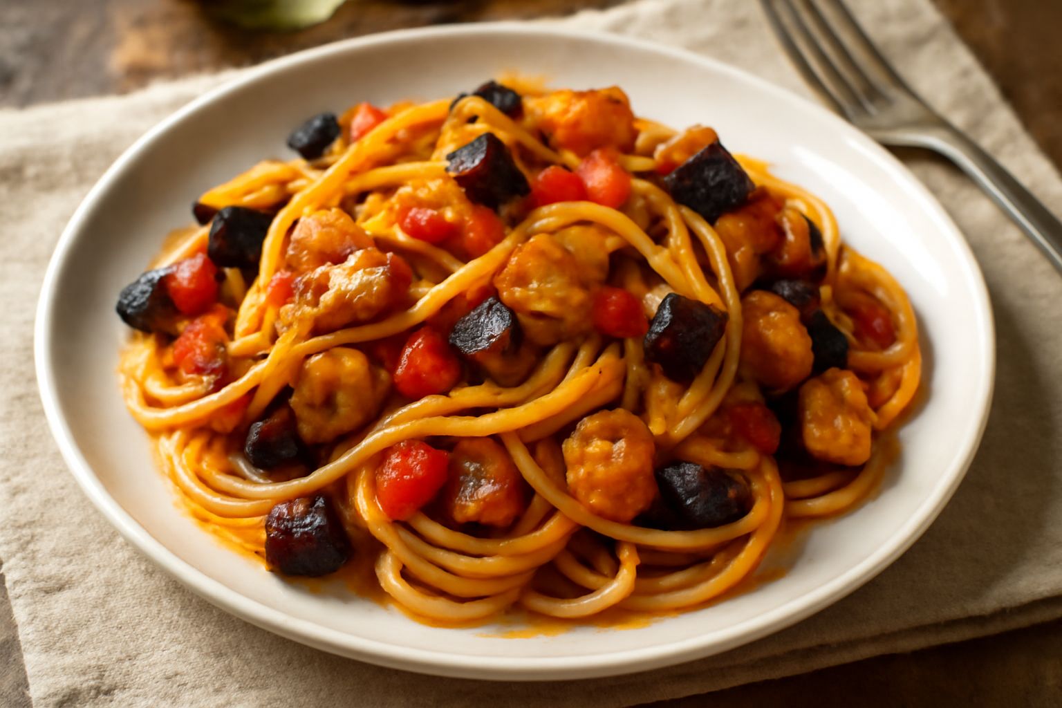 Un piatto di spaghetti alla neretana con pesce spada, melanzane dorate e pomodori, conditi con olio e prezzemolo fresco, servito su un piatto bianco
