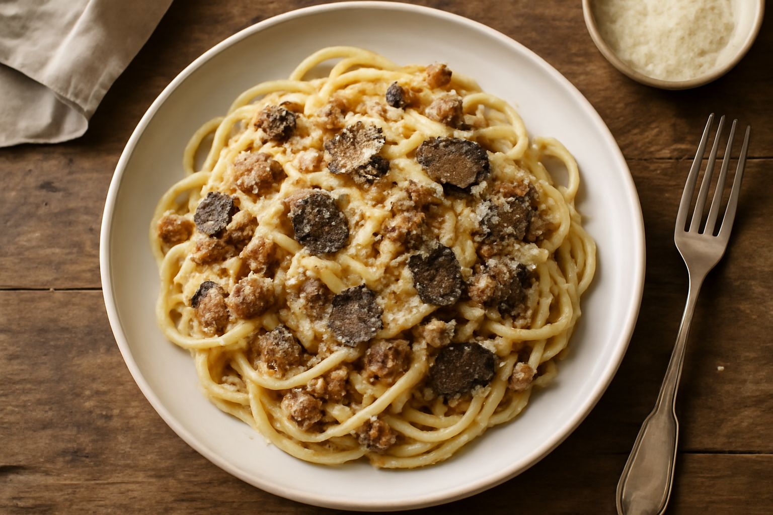 Piatto bianco con spaghetti conditi da salsiccia friabile di colore marrone, tartufo nero grattugiato in scaglie grigio-nere sulla superficie, pecorino grattugiato giallo-biancastro, olio brillante, p