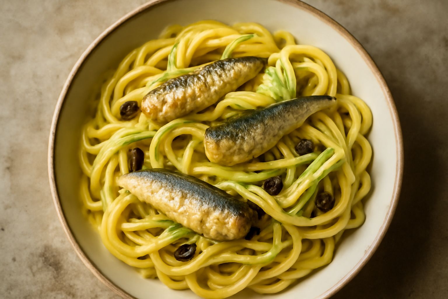 Piatto di spaghetti alla palermitana con sardine intere, finocchio tenero, uvetta dorata e zafferano, conditi in olio aromatico e serviti su un piatto bianco
