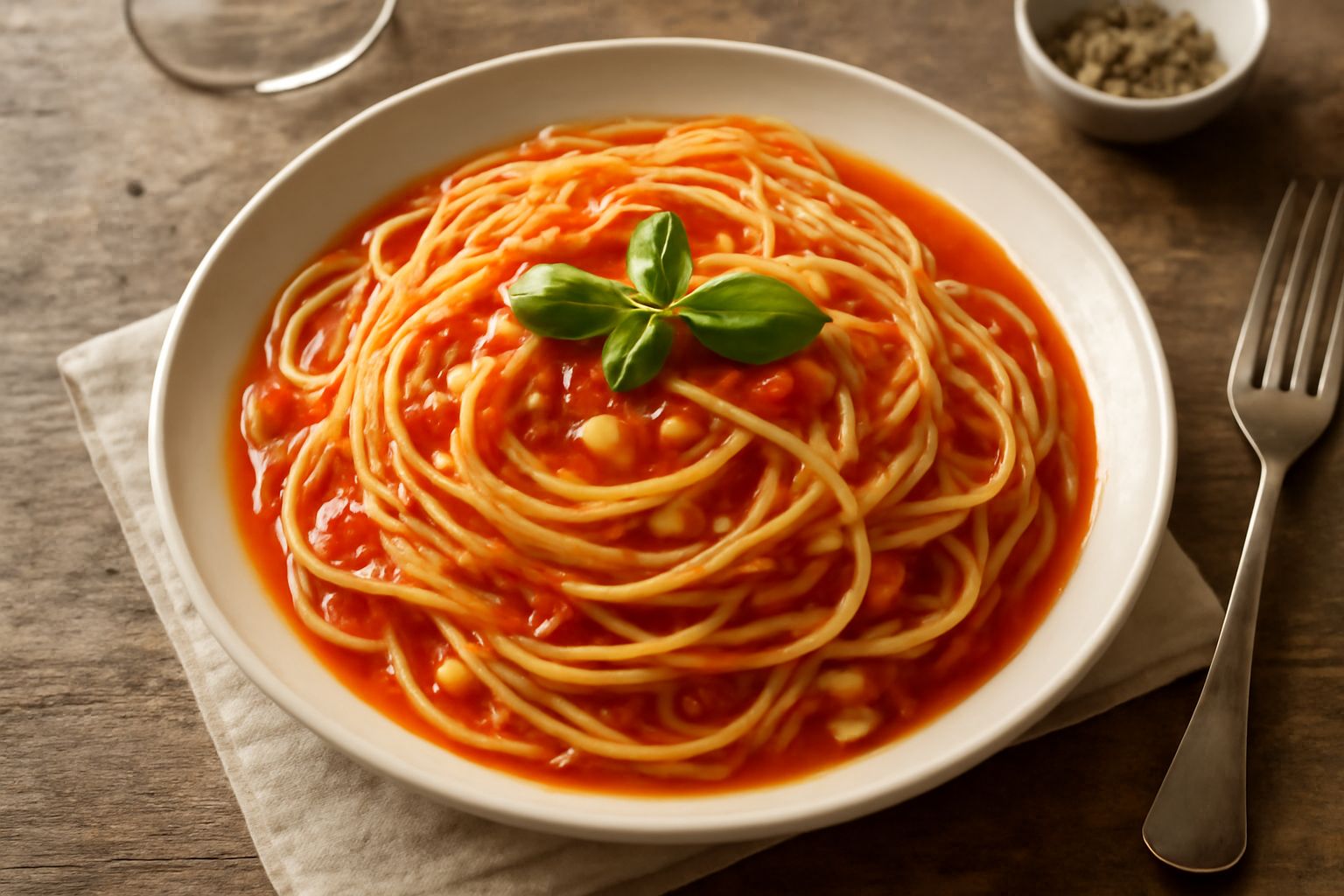 Spaghetti al pomodoro rossi in piatto di ceramica bianca, con fili ben distesi, gocce di olio dorato in superficie, uno spicchio di aglio fresco e qualche foglia di basilico fresco accanto