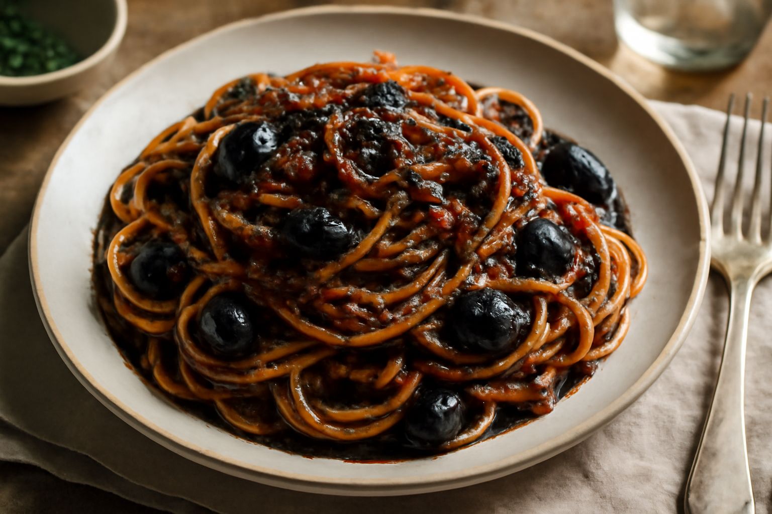 Piatto di spaghetti bianchi conditi con sugo scuro di olive nere e pomodori, olive intere sparse in superficie, filo di olio d'oliva lucido, foglia di prezzemolo verde, su piatto bianco fondo scuro