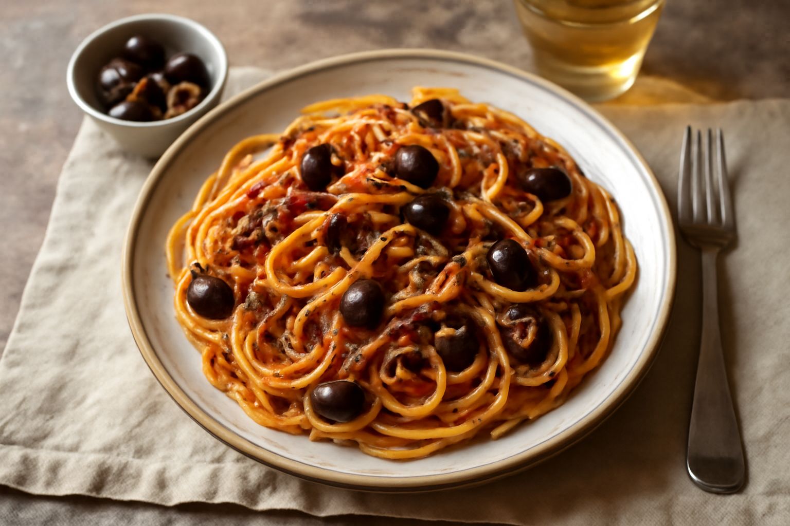 Spaghetti alla puttanesca in piatto bianco: pasta gialla condita con salsa rossa, olive nere tagliate, filetti di acciugha visibili, prezzemolo fresco tritato sopra