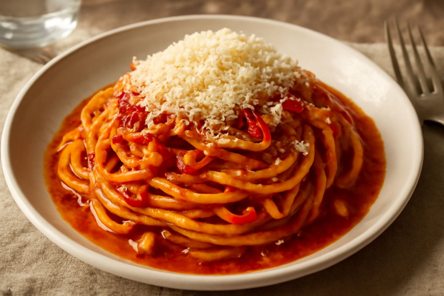 Spaghetti al pomodoro serviti in un piatto bianco, conditi con aglio dorato e peperoncino rosso, grattugiati di pecorino romano giallo, vapore caldo visibile