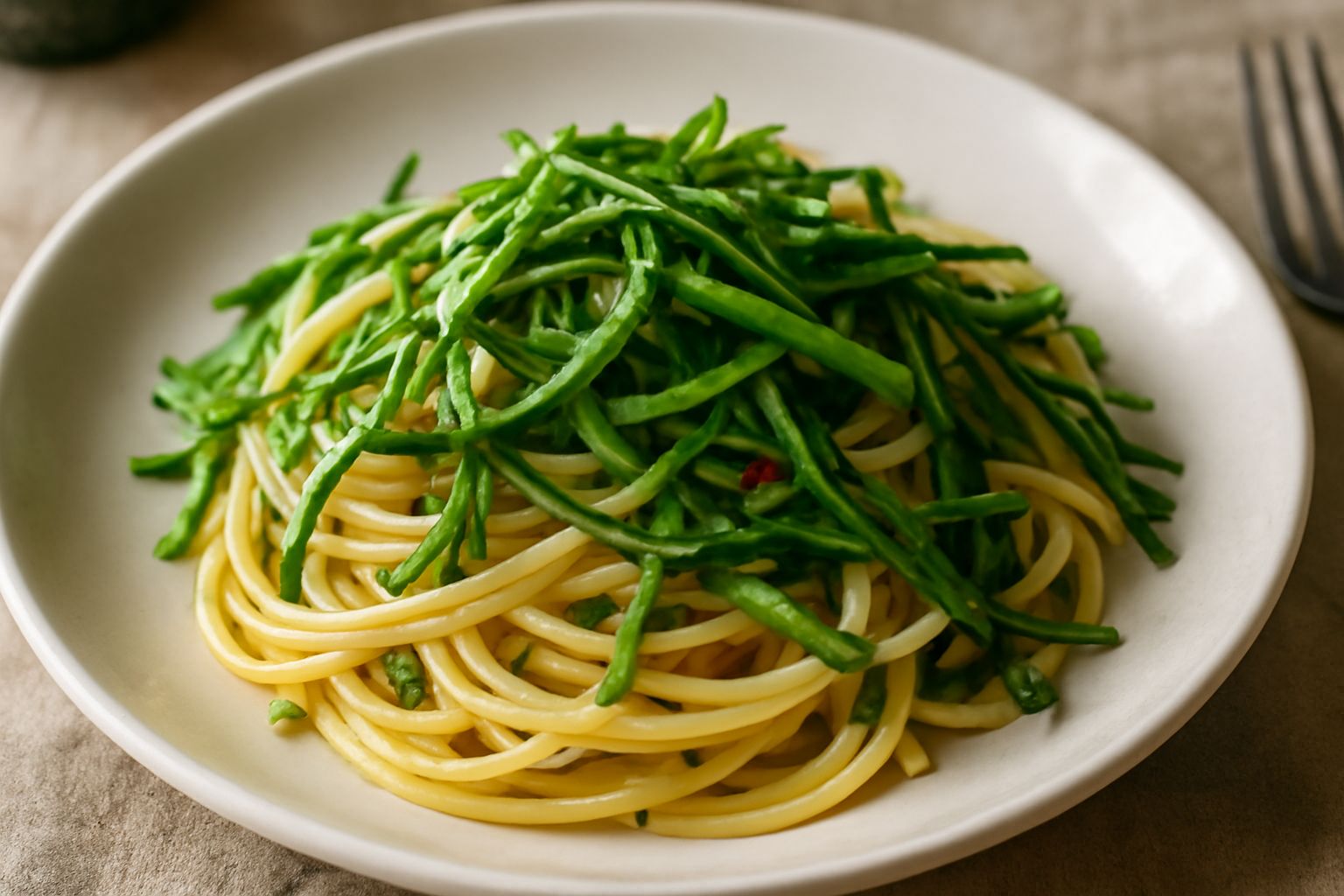 Piatto di spaghetti con rucola selvatica fresca verde, olio lucido, aglio dorato e peperoncino rosso visibile, serviti in piatto bianco fondo con erbe sparse.