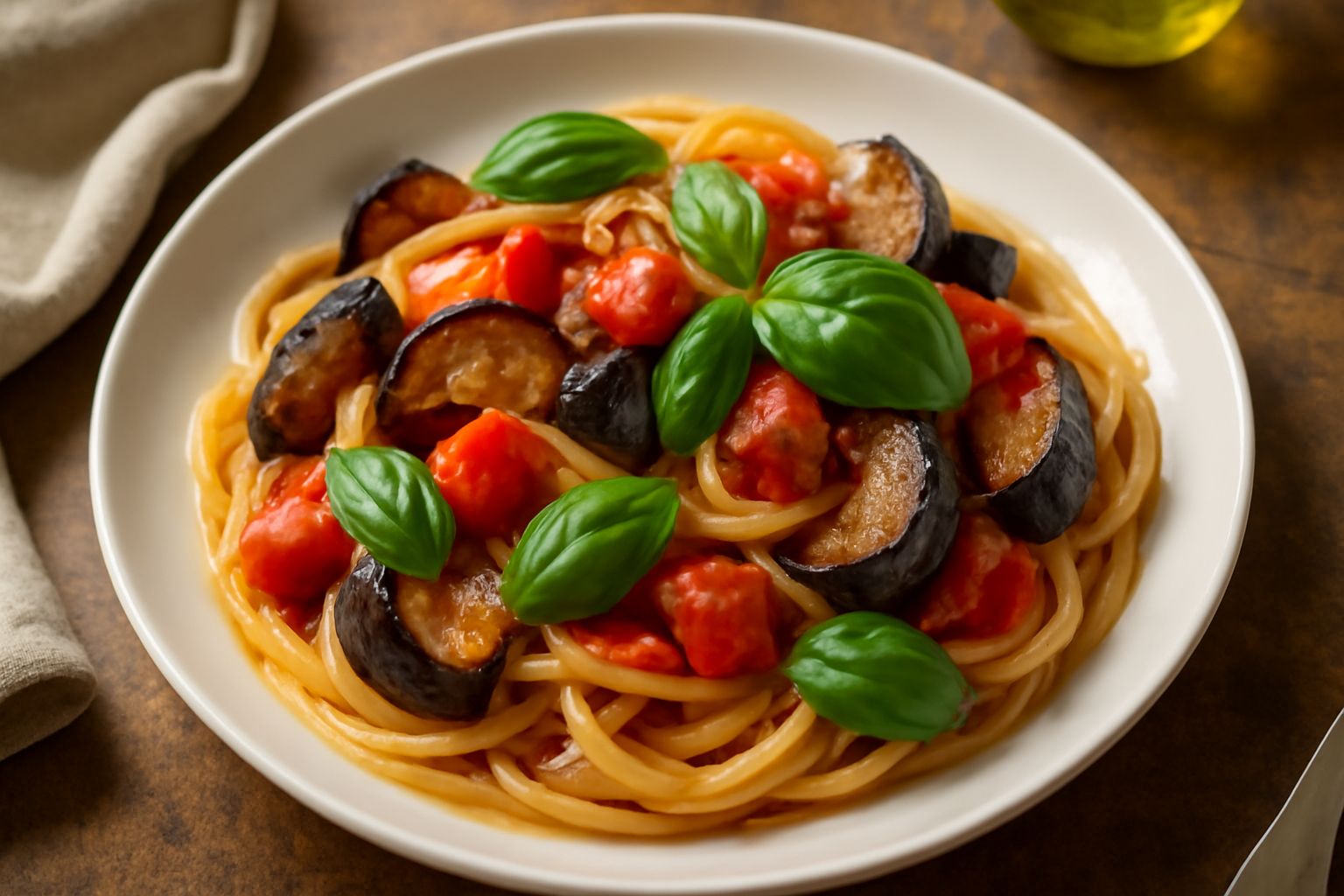 Spaghetti conditi con melanzane dorate, pomodori rossi e foglie di basilico fresco, impiattati in un piatto bianco, con gocce di olio di oliva visibili
