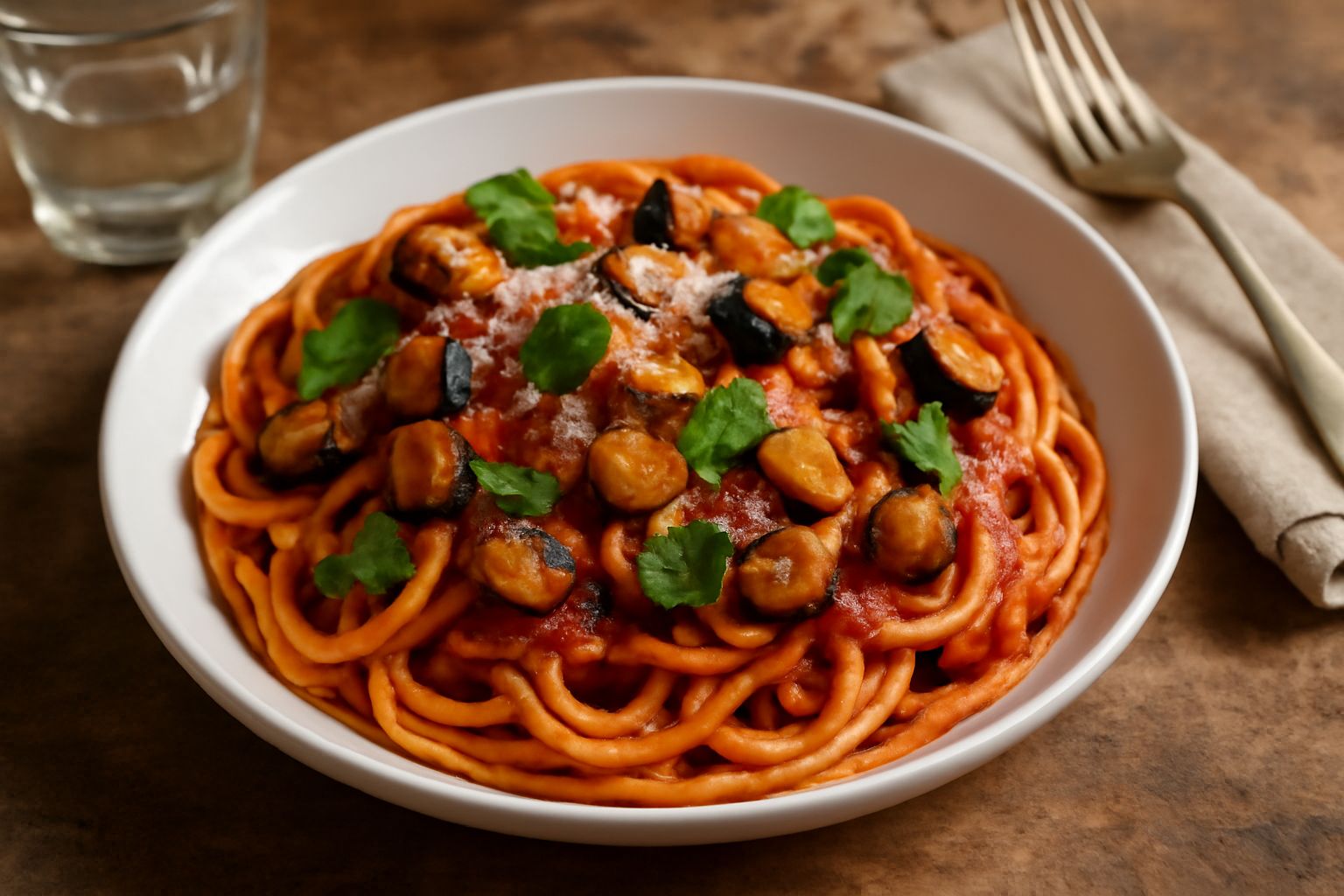 Piatto di spaghetti conditi con melanzane dorate a cubetti, sugo rosso di pomodoro, basilico verde fresco e grana grattugiato; tavolo di ceramica bianca