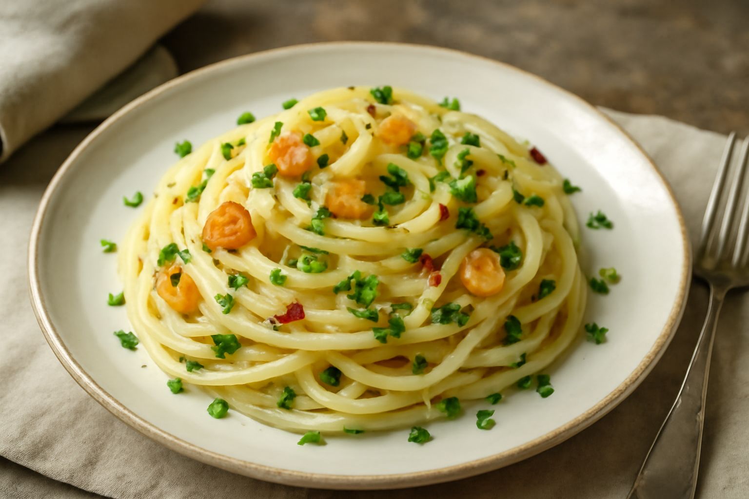 Piatto di ceramica bianca con spaghetti conditi color bianco avorio, aglio e peperoncino rosso brillante, prezzemolo verde fresco sparso in superficie, olio lucido che brilla, bicchiere d'acqua accant