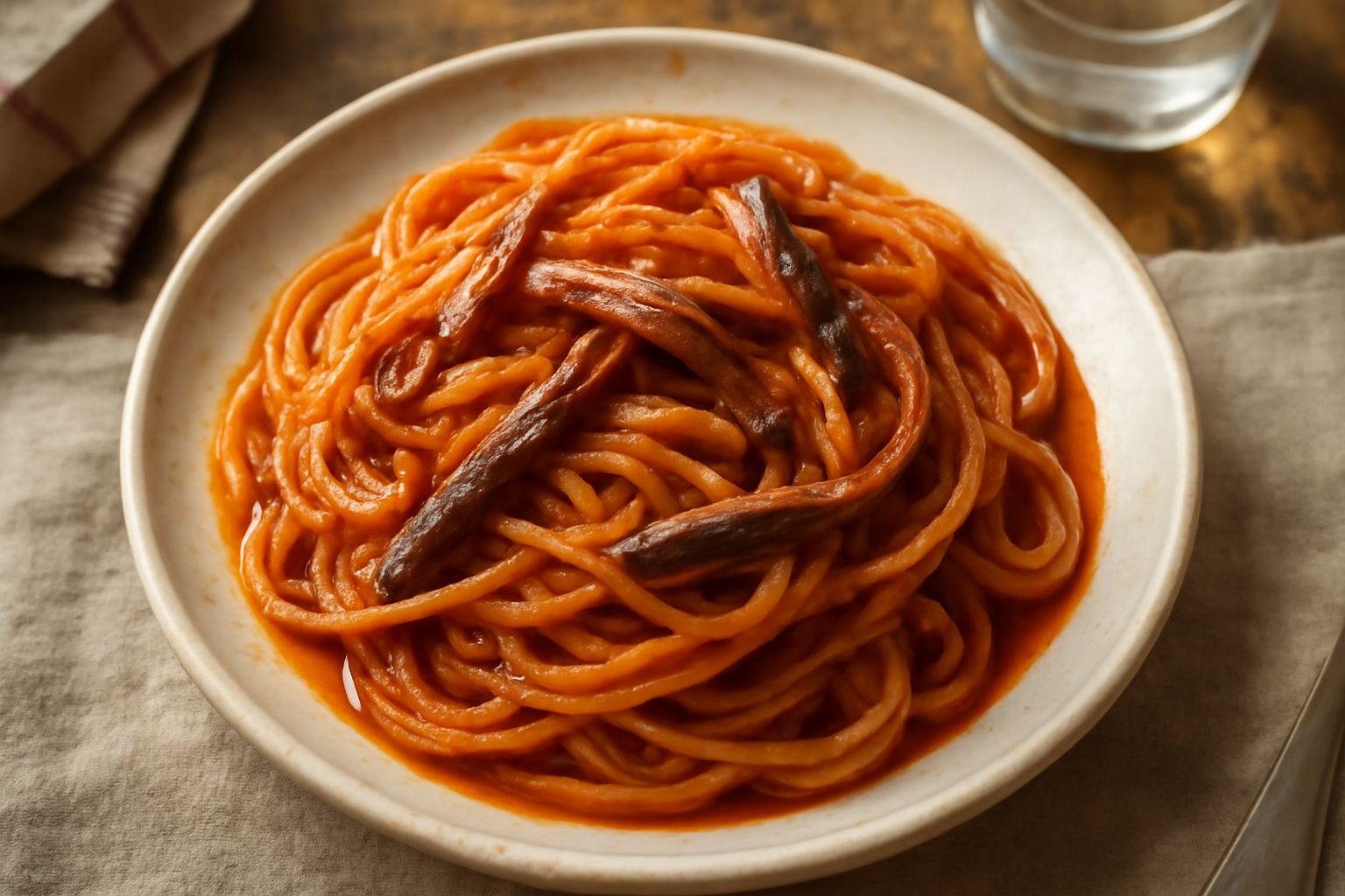 Piatto di spaghetti alla trabaccolata con pomodori rossi, acciughe scure, aglio dorato, olio d'oliva lucido e prezzemolo verde sparso in superficie