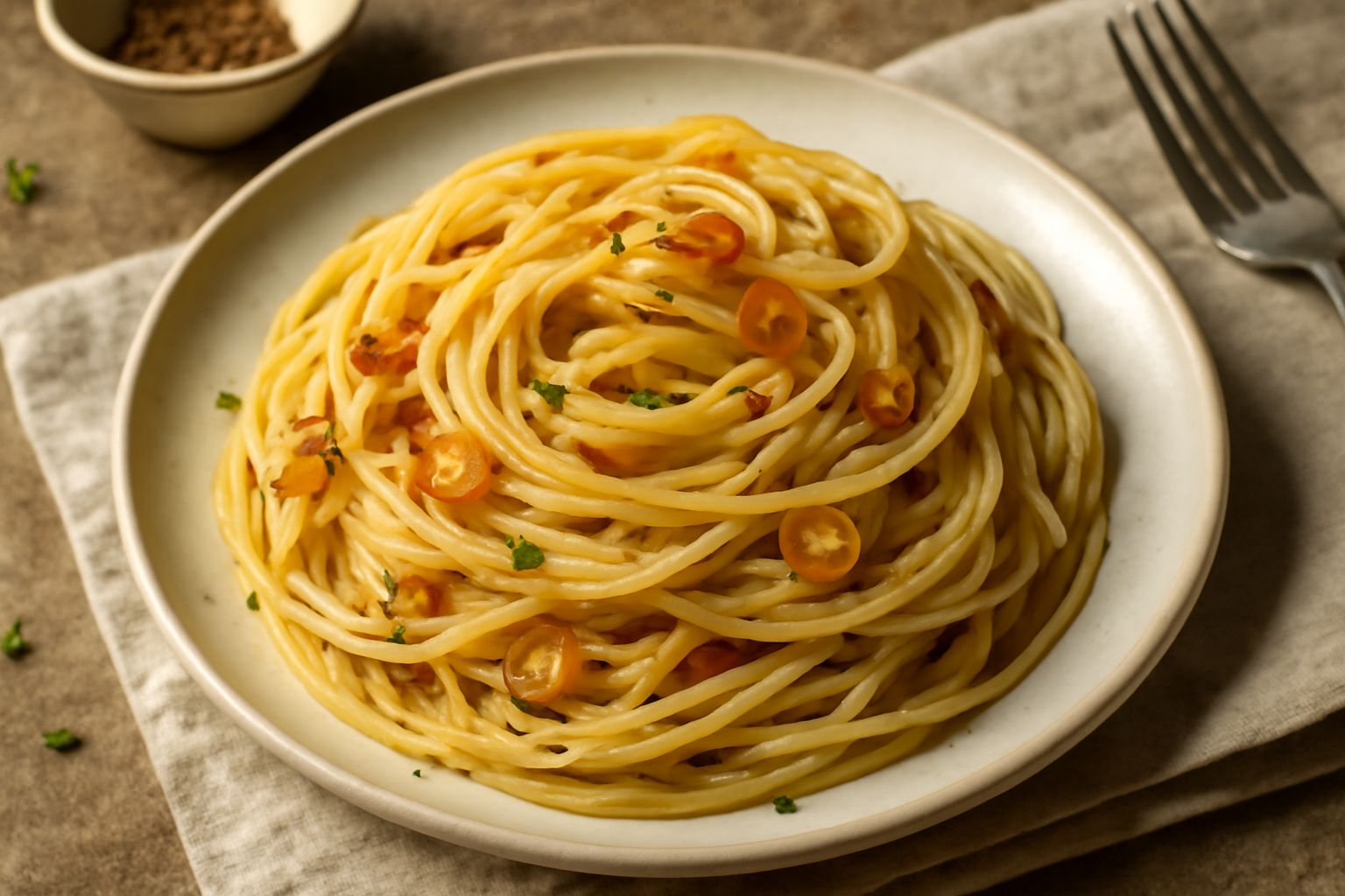 Piatto bianco con spaghetti dritti conditi di olio lucido, con aglio dorato e peperoncino rosso visibile tra i fili di pasta, una spolverata di prezzemolo verde fresco in cima