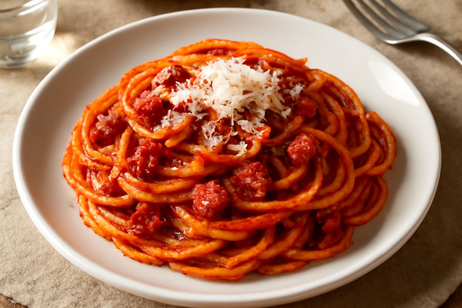Un piatto di spaghetti conditi con salsa rossa densa, guanciale croccante in piccoli cubetti e una spolverata di pecorino grattugiato giallastro, con basilico fresco verde sul bordo bianco del piatto