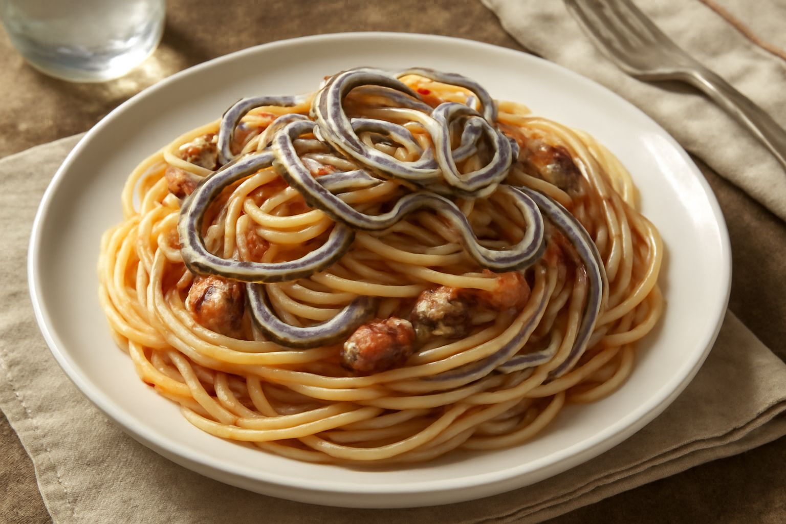 Un piatto di spaghetti bianchi al dente conditi con pezzi di anguilla grigia e salsa al pomodoro rosso scuro, decorati con prezzemolo fresco verde e gocce di olio d'oliva dorato, su un piatto bianco s