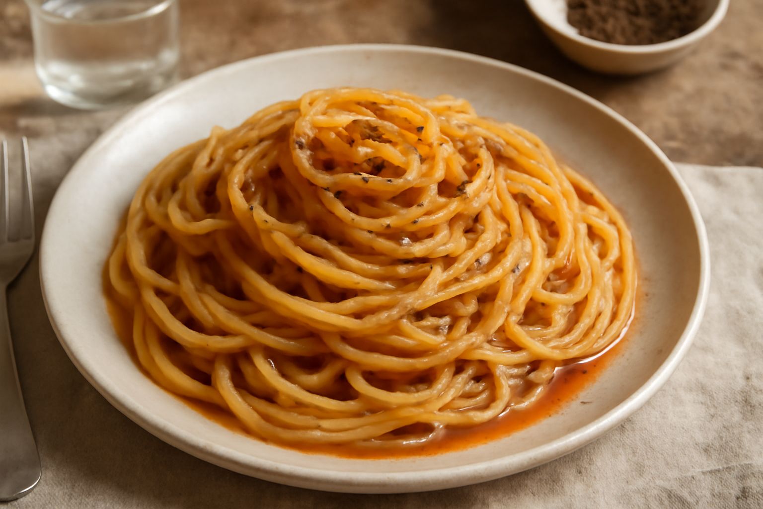 Piatto di spaghetti conditi con sugo all'anice, con una nota verdeggiante di prezzemolo fresco, un filo di olio extravergine che brilla sulla pasta, e qualche seme d'anice visibile nel condimento