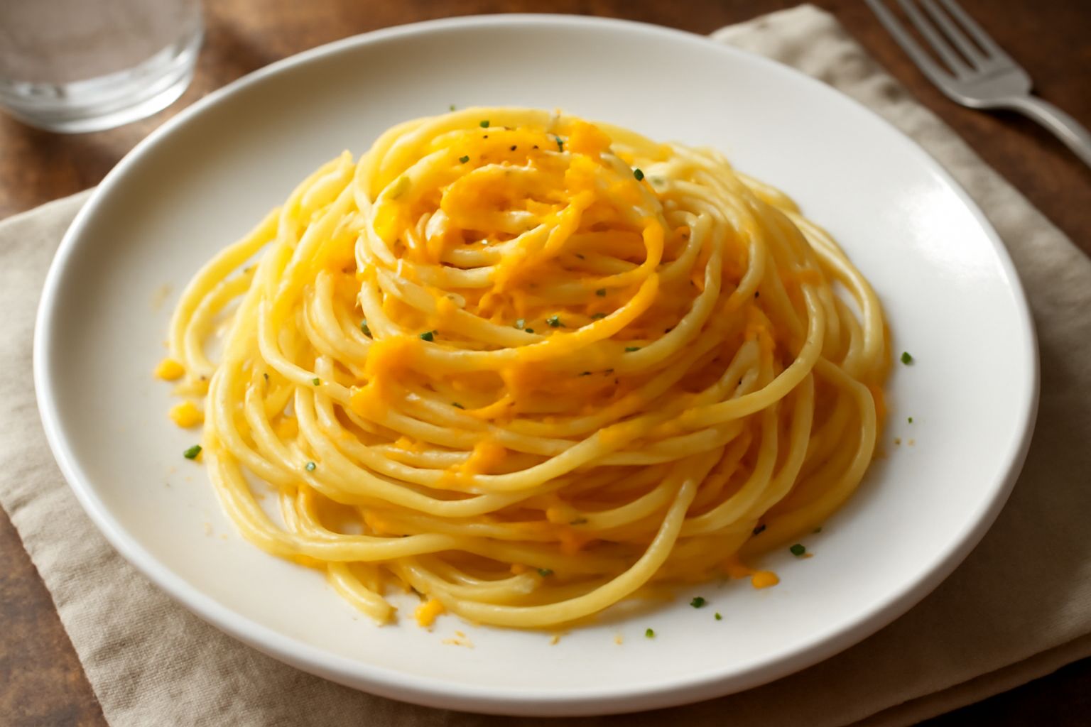 Un piatto di spaghetti bianchi con scorza d'arancia grattugiata in superficie, conditi con burro lucido e pepe nero, su fondo bianco con mezzo arancia fresco a lato