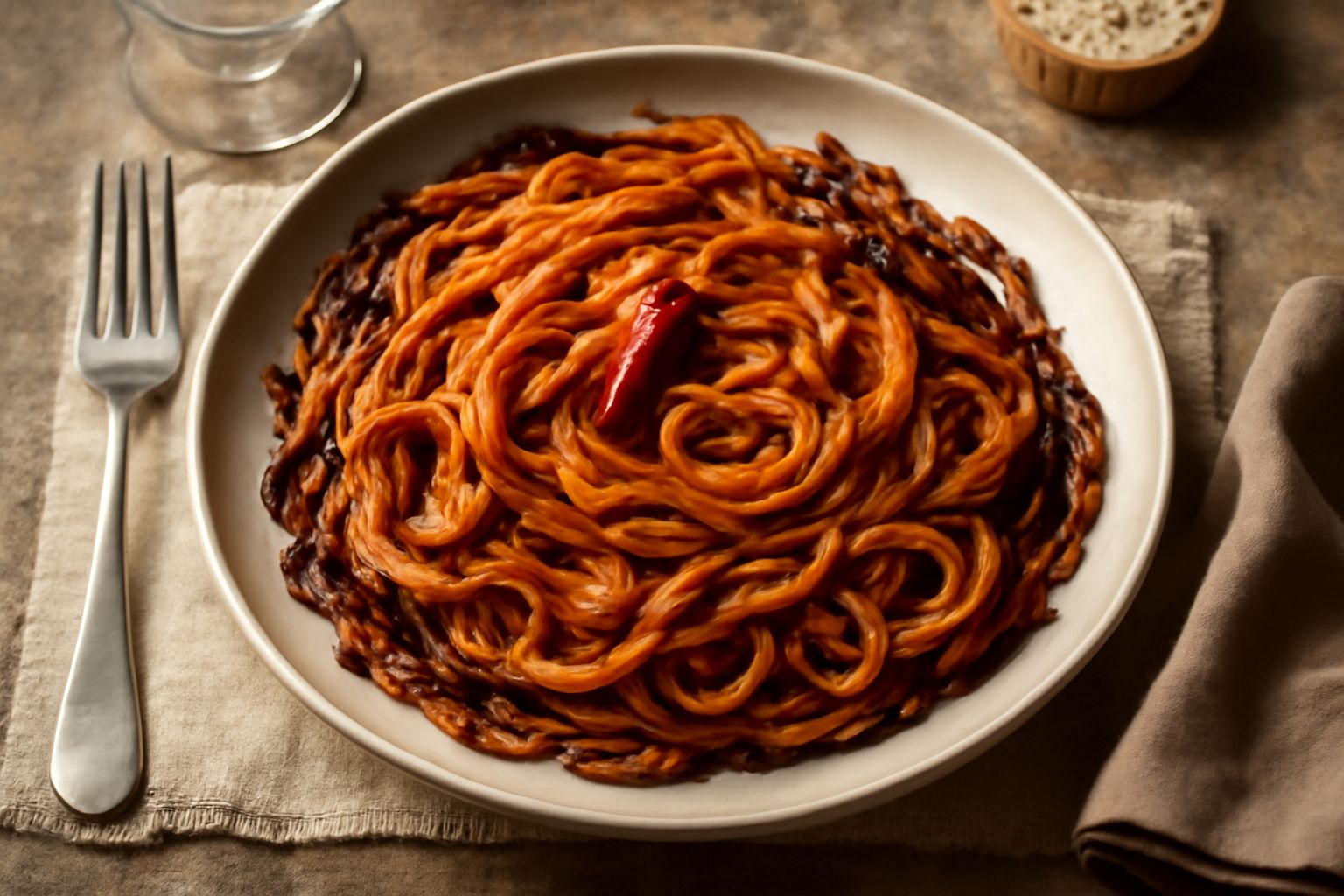 Spaghetti all'assassina in padella antiaderente scura, con bordi dorati e croccanti, aglio affettato visibile tra la pasta, olio d'oliva lucido, peperoncino rosso sparso, prezzemolo fresco verde, piat
