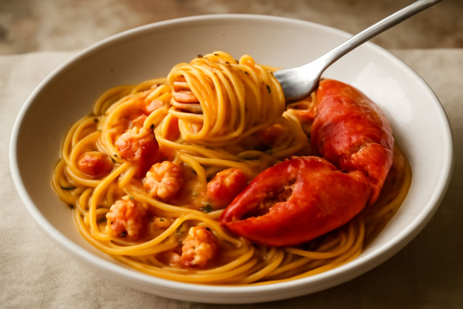 Piatto di spaghetti conditi con pezzi di astice rosa corallo, spruzzati di prezzemolo fresco verde, olio dorato in superficie, decorato con limone e servito in piatto bianco profondo
