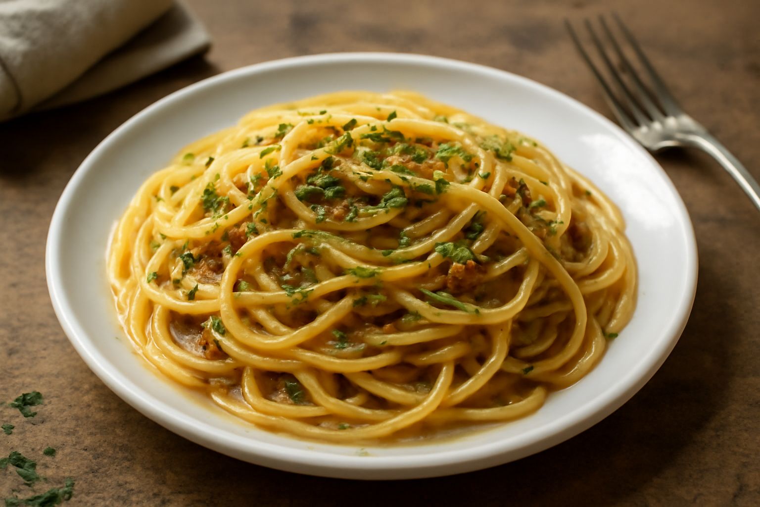 Un piatto bianco con spaghetti giallo dorato conditi di un sugo trasparente e dorato, cosparso di prezzemolo verde fresco tritato fine, e qualche filetto di acciuga intera visibile in superficie