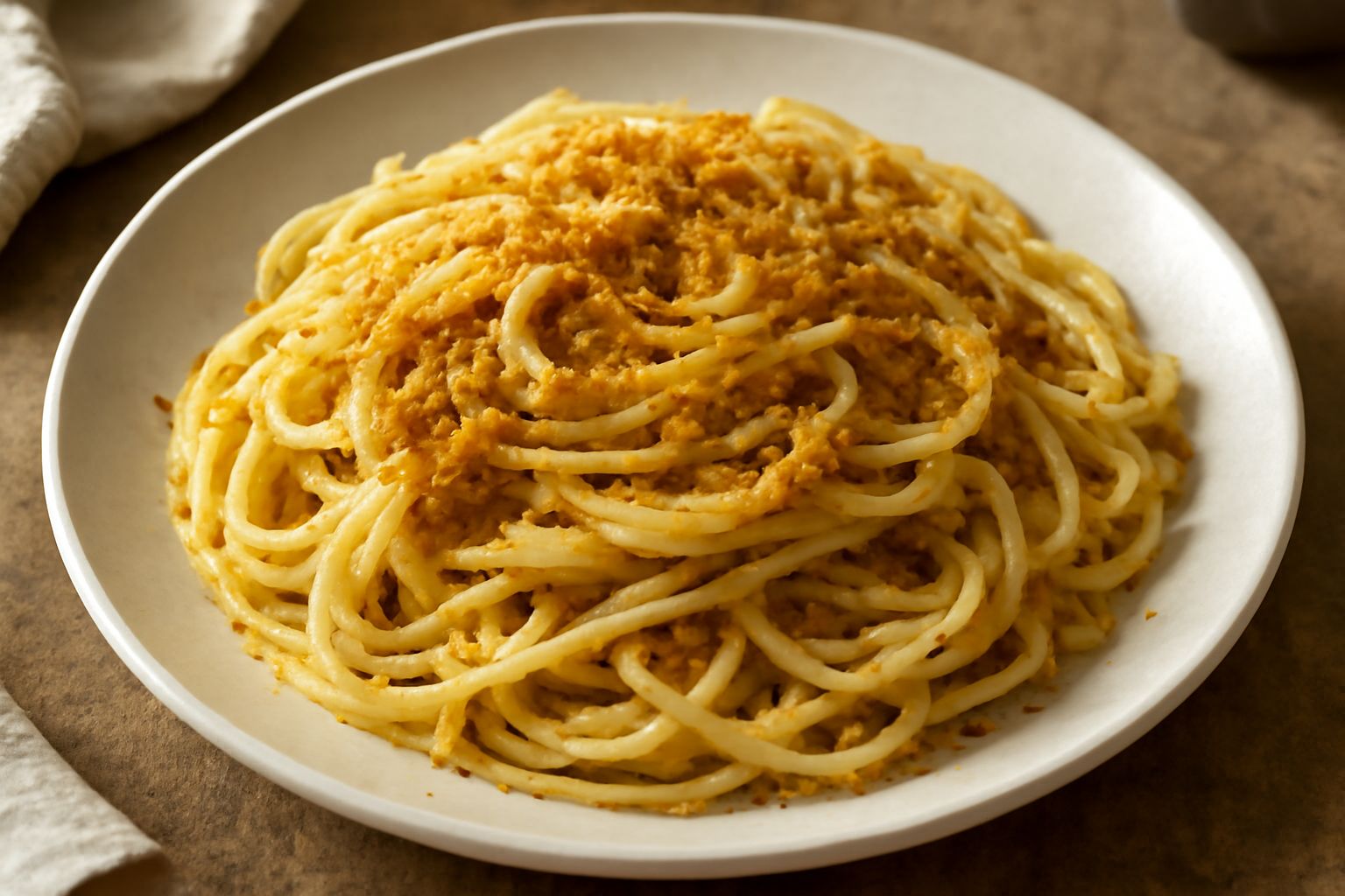 Piatto bianco con spaghetti bianchi conditi di pangrattato dorato croccante, piccole tracce di acciuga sciolta, olio lucido che brilla, pepe nero grossolano sparse in superficie, su tavolo di legno na