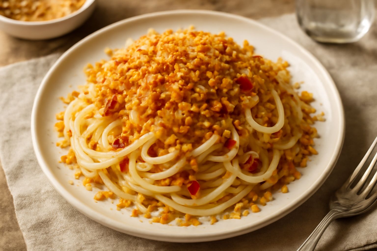 Spaghetti bianchi conditi con briciole di pane tostate color oro, aglio brunito e prezzemolo verde, serviti in un piatto bianco con filo di olio d'oliva