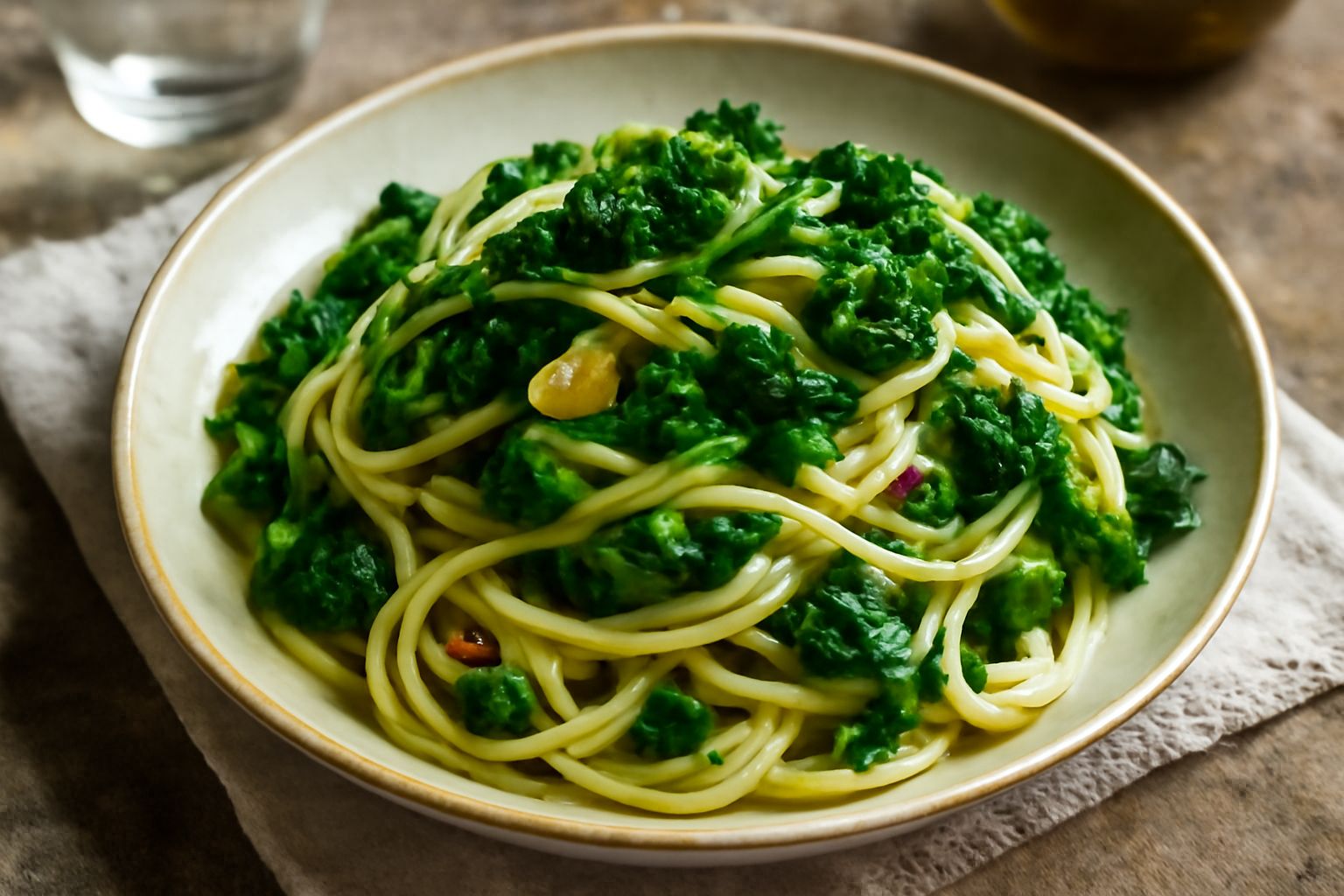 Piatto bianco con spaghetti alle cime di rapa: pasta gialla dorata avvolta intorno a porzioni di verdura verde scuro, condita con olio brillante, aglio dorato e fili di peperoncino rosso, servita su f