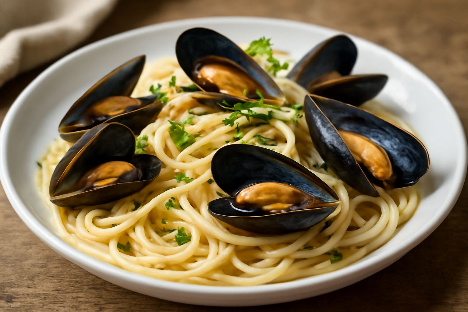 Piatto bianco con spaghetti lunghi ondulati, cozze aperte scure in primo piano, sugo trasparente con gocce di olio lucido, peperoncino rosso in punta, aglio biondo sparso, prezzemolo verde fresco trit