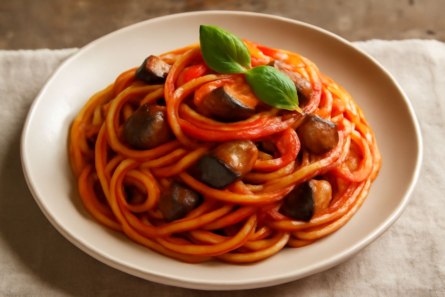 Piatto bianco con spaghetti avvolti attorno a una forchetta, ricoperti di melanzane grigio-violacee tenere, salsa rossa di pomodoro e una foglia di basilico fresco verde in cima