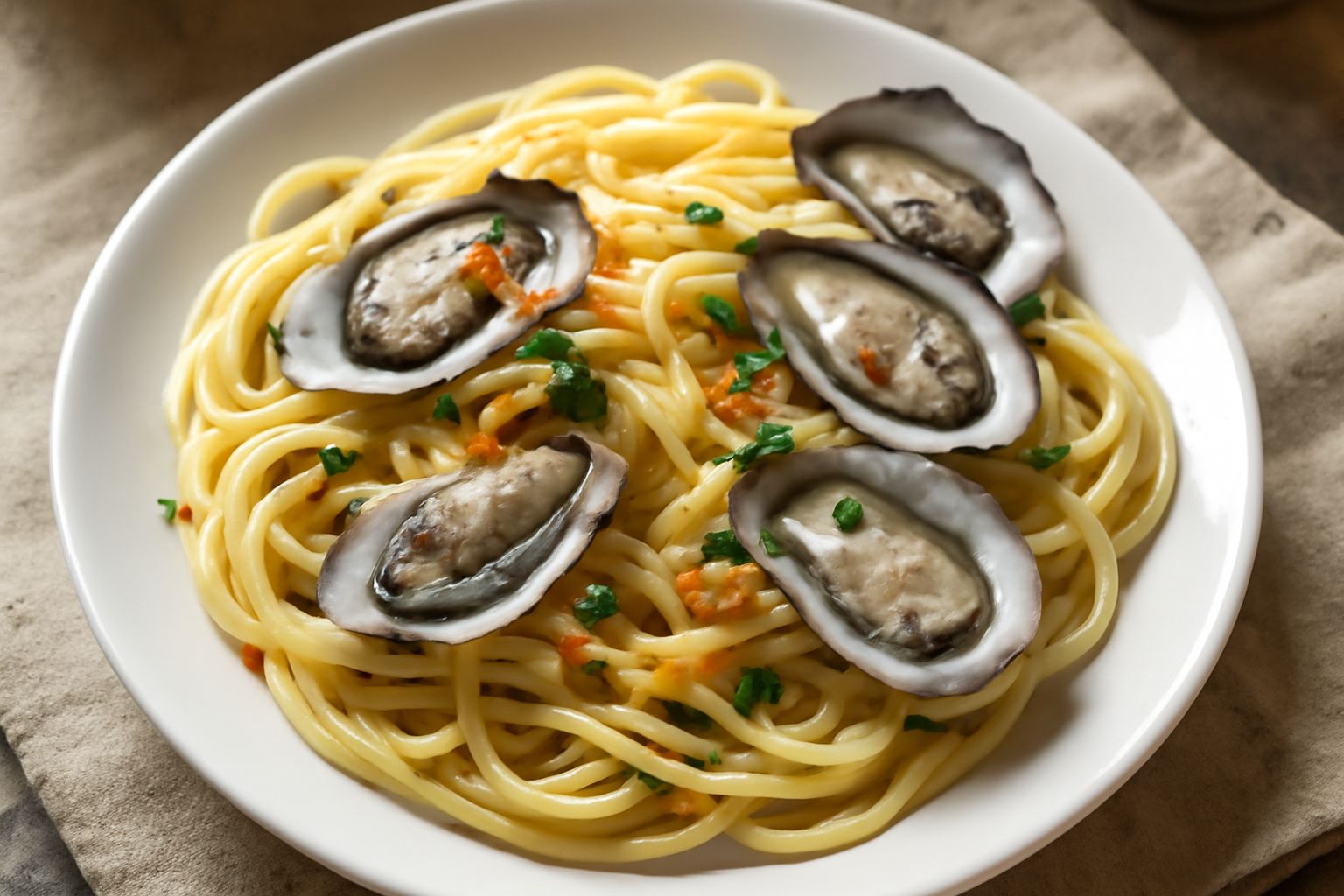 Un piatto di porcellana bianca con spaghetti al dente bianchi e beige, distribuiti uniformemente, con ostriche aperte grigiastre sparse sopra, perlato lucido delle valve, aglio dorato e prezzemolo ver