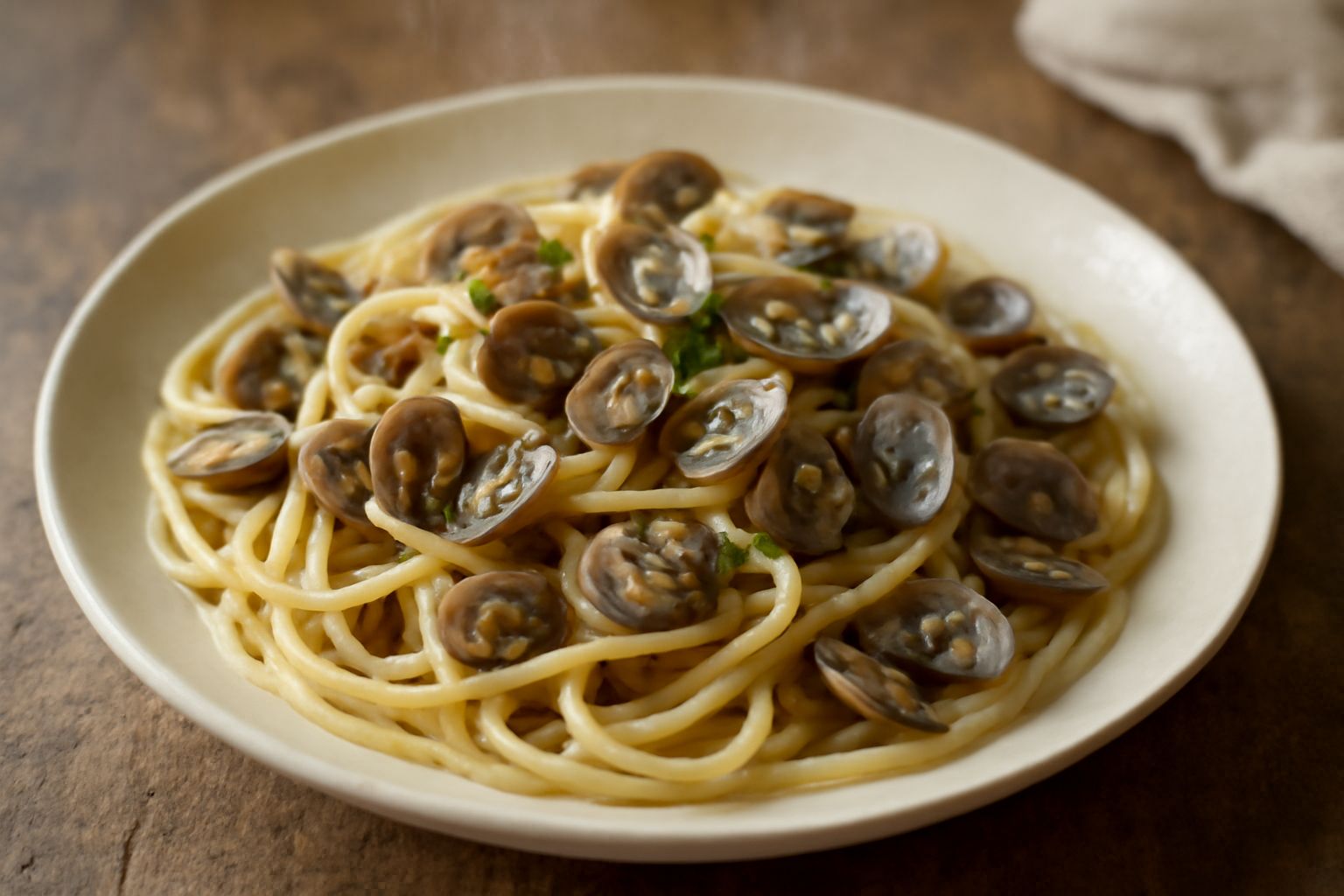 Un piatto bianco con spaghetti bianchi e telline grigie e marrone, bagnat in salsa chiara, guarnito con prezzemolo verde, servito con limone a spicchi sul bordo