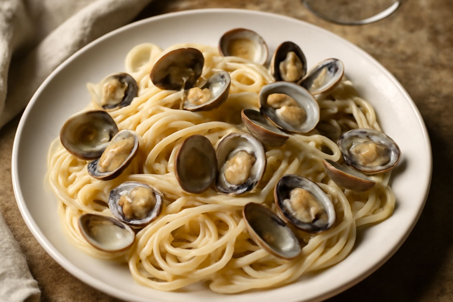 Piatto bianco con spaghetti al dente conditi con vongole aperte e salsa trasparente, parsemoniati di prezzemolo verde fresco, accompagnati da guscio di vongola sullo sfondo e limone tagliato