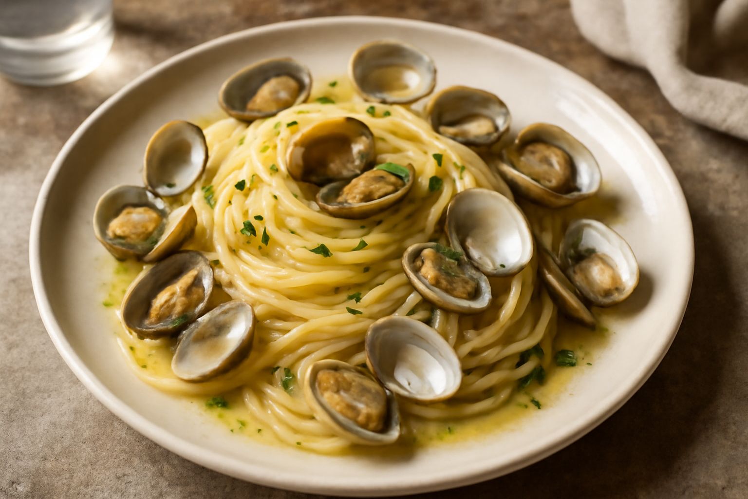 Spaghetti bianchi conditi con vongole aperte, aglio dorato, peperoncino rosso, prezzemolo verde fresco, olio d'oliva lucente in piatto bianco fondo scuro