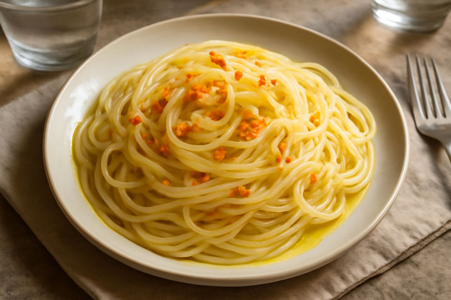 Spaghetti all'olio freddi in un piatto bianco, conditi con olio giallo-verdastro, scaglie di aglio dorato e peperoncino rosso, su un tavolo di legno con limone fresco accanto