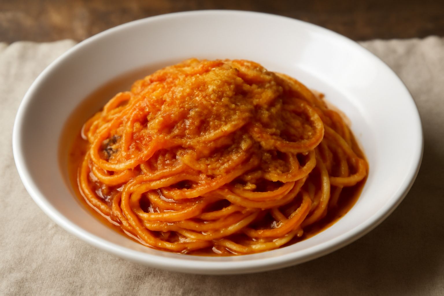 Spaghetti conditi con salsa rossa di pomodoro e bottarga grattugiata, olio verde in superficie, serviti in piatto bianco, peperoncino rosso a lato